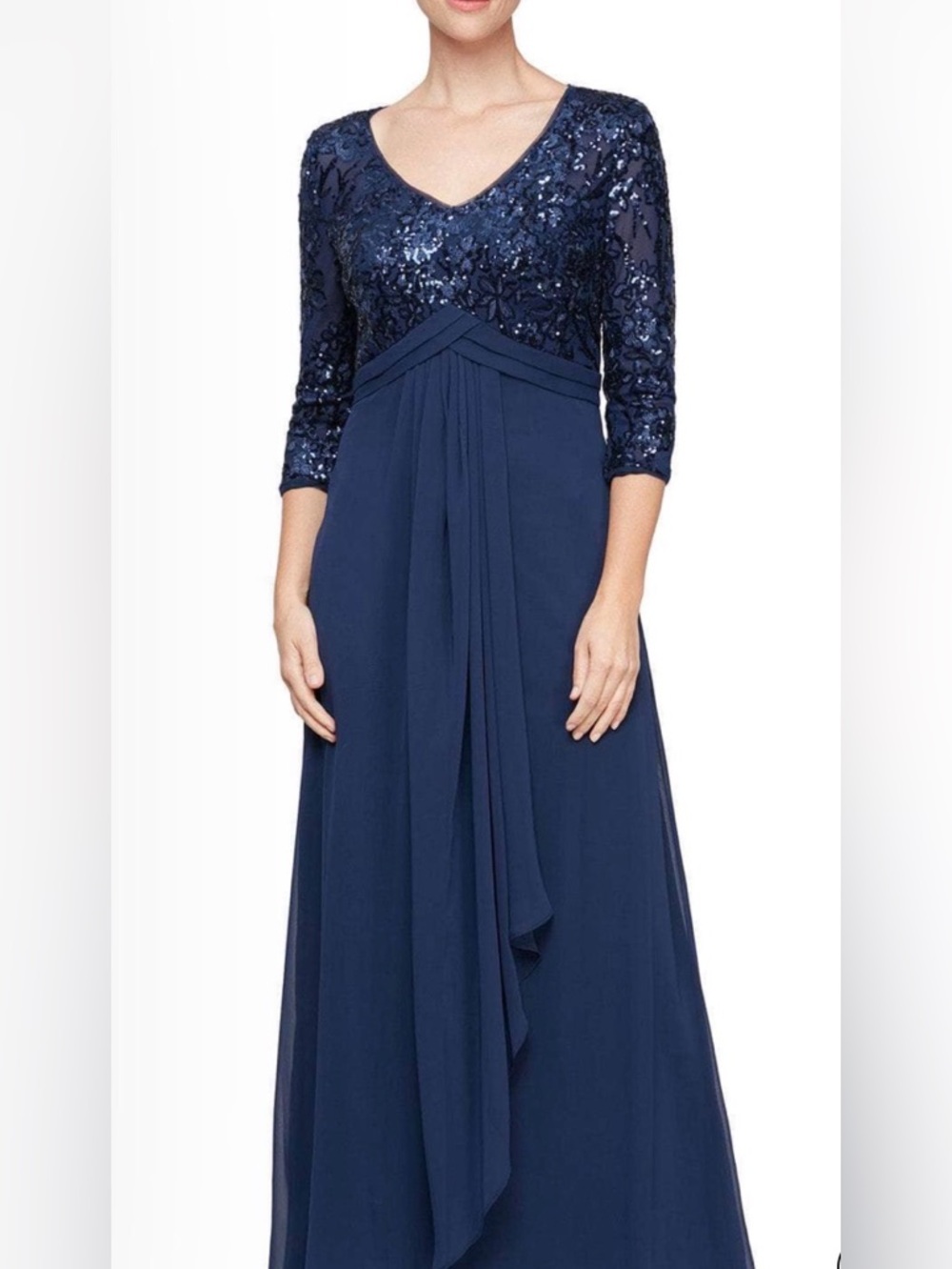 Alex Evenings Navy Sequin Bodice Chiffon Evening Gown